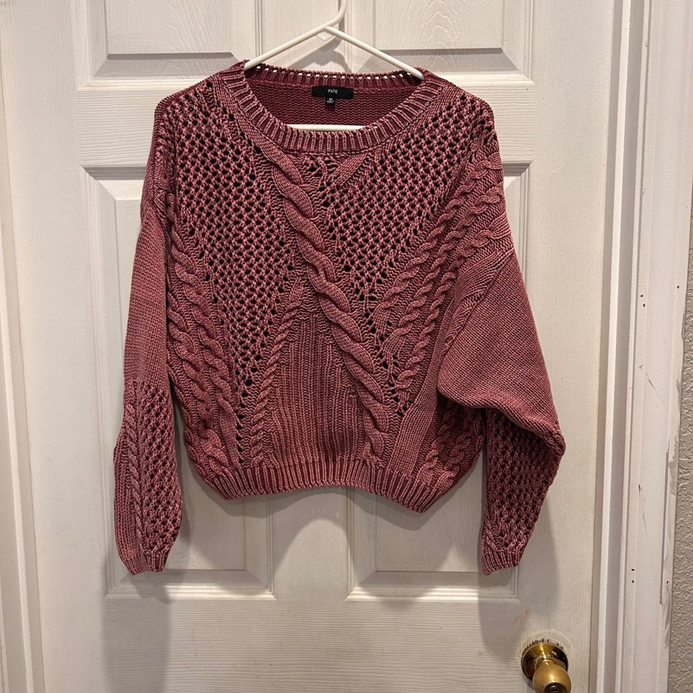 Fate Womens Mineral Wash‎ Mauve Pink Cable Knit Open Weave Dolman Sweater Sz M